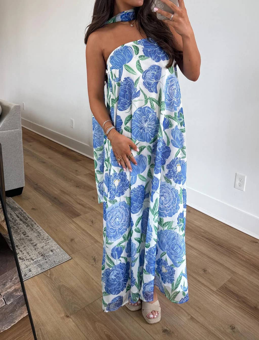Peony Floral Maxi Strapless Dress with Neck Scarf