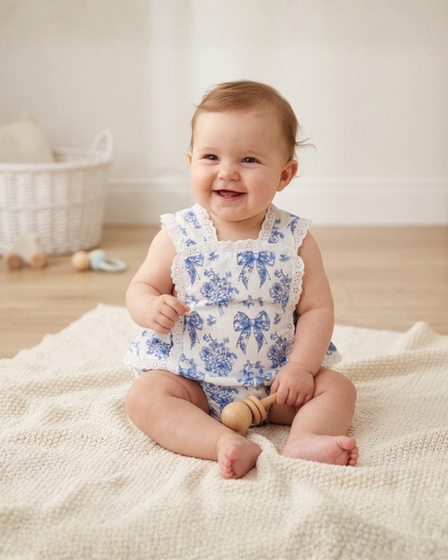 Blue and White Ruffle Romper