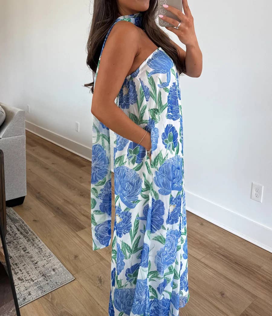 Peony Floral Maxi Strapless Dress with Neck Scarf