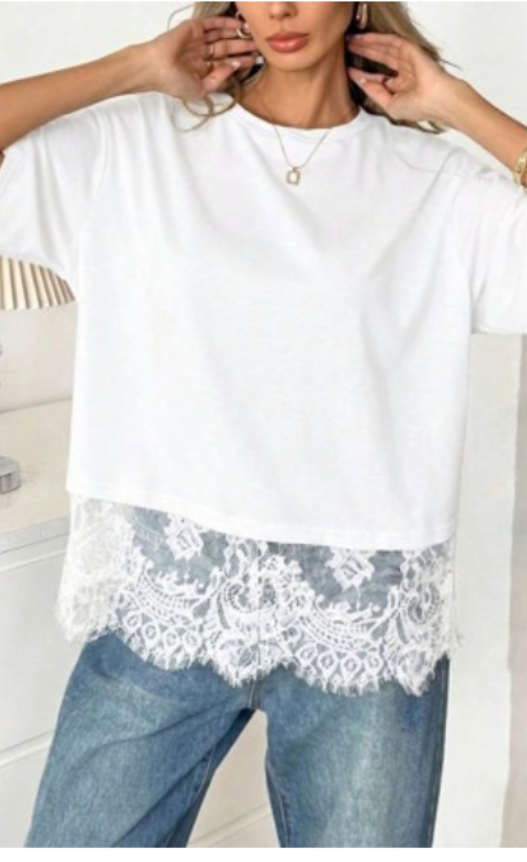 Lace Hem Oversized Short Sleeve T Shirt
