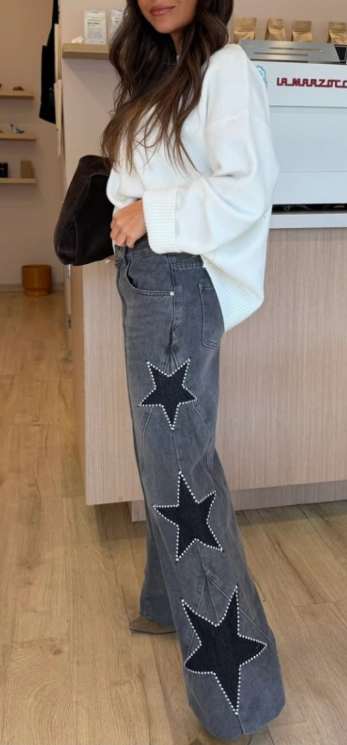 Star-Embellished Straight Black Jeans