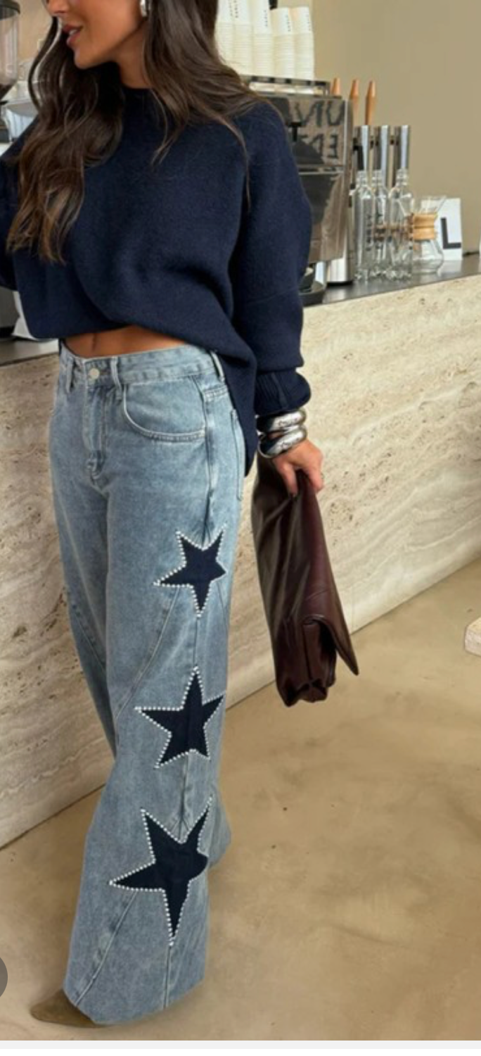 Star-Embellished Straight Blue Jeans
